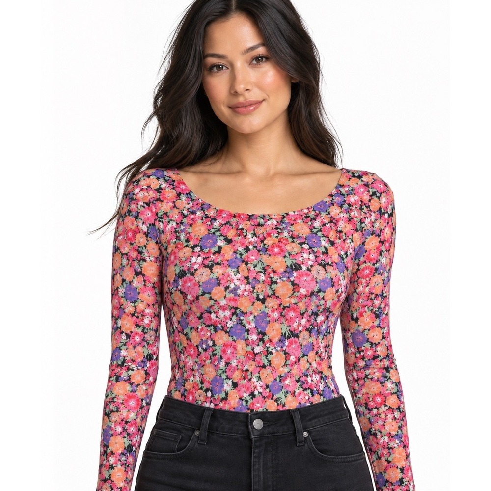 WAYF Floral Long Sleeve Open Back Mesh Bodysuit Size L NWT